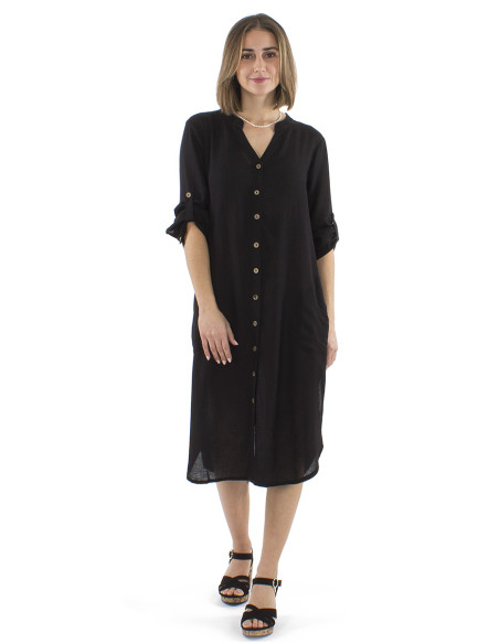 Robe tunique longue 91% viscose 9% lin boutonnée