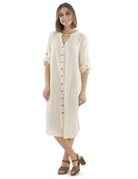 Robe tunique longue 91% viscose 9% lin boutonnée