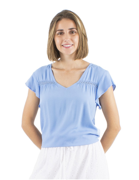 Viscose plain sleeveless blouse with v-neck and buttons