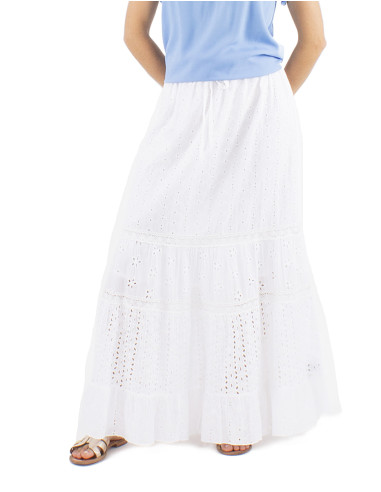 Jupe coton brodée longue unie doublée