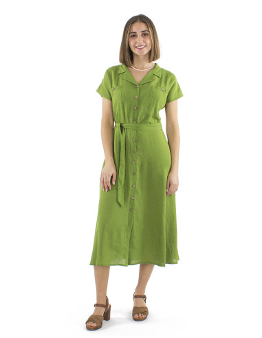 Robe longue 91% viscose 9% lin boutonnée 2 poches poitrine
