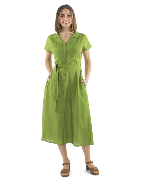Robe longue 91% viscose 9% lin boutonnée 2 poches poitrine