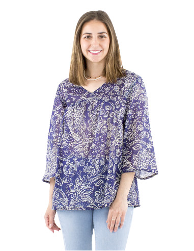 Cotton voile wrinkled blouse with 3/4 sleeves and Herma print