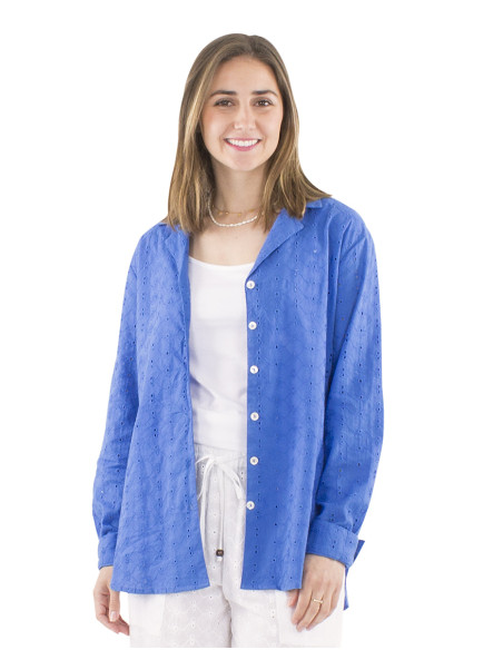 Cotton plain blouse with lace and long sleeves