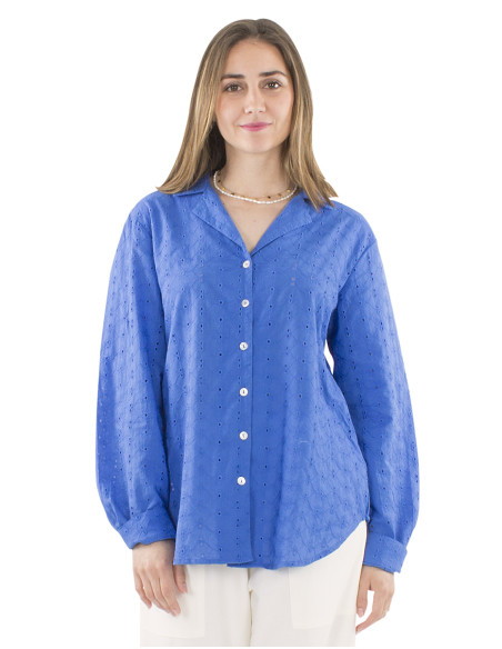 Cotton plain blouse with lace and long sleeves