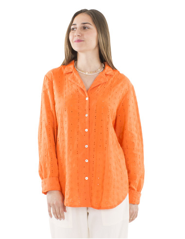 Cotton plain blouse with lace and long sleeves