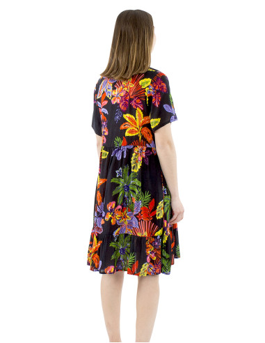 Viscose dress with short sleeves and Hawaiian print