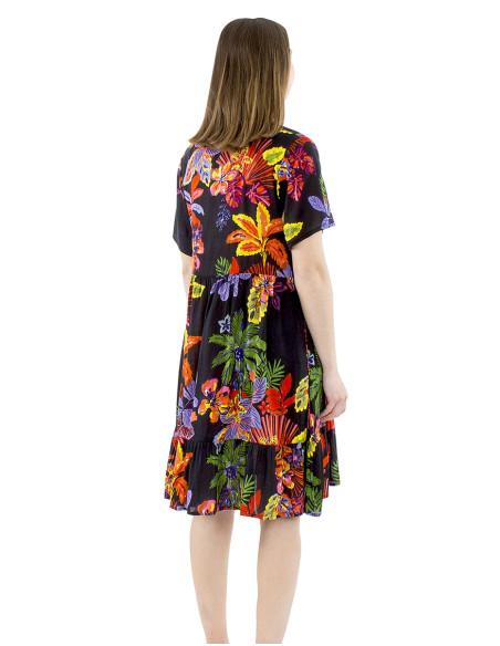 Viscose dress with short sleeves and Hawaiian print
