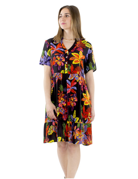 Viscose dress with short sleeves and Hawaiian print