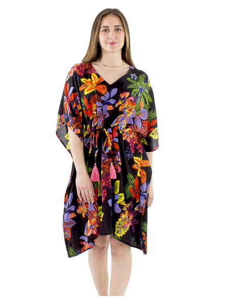 Cotton kaftan dress with Hawaiian print