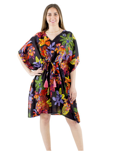 Cotton kaftan dress with Hawaiian print