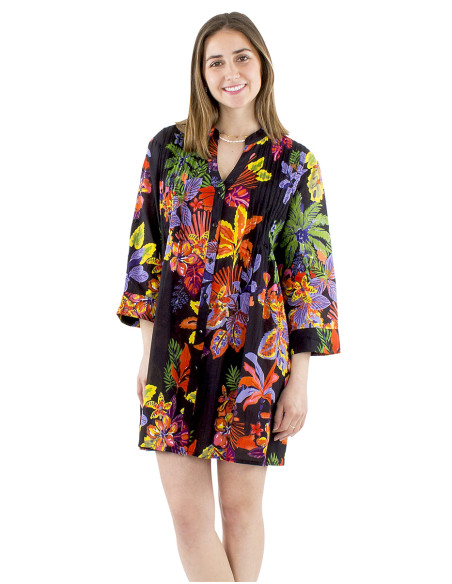 Robe tunique coton manches longues imprimé Hawaian