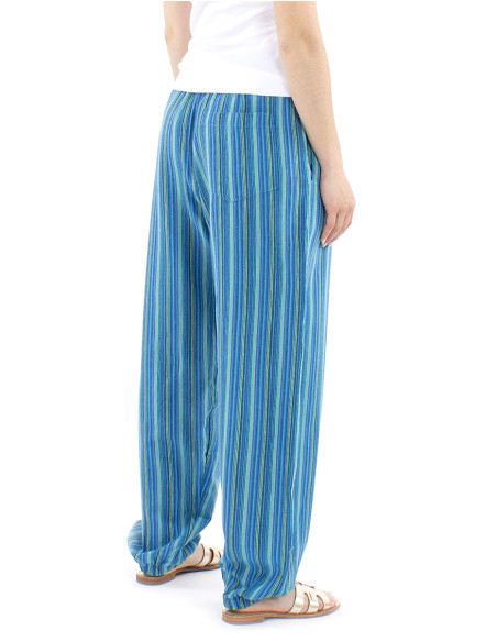 Mixed striped cotton trousers with 2 pockets elastic belt