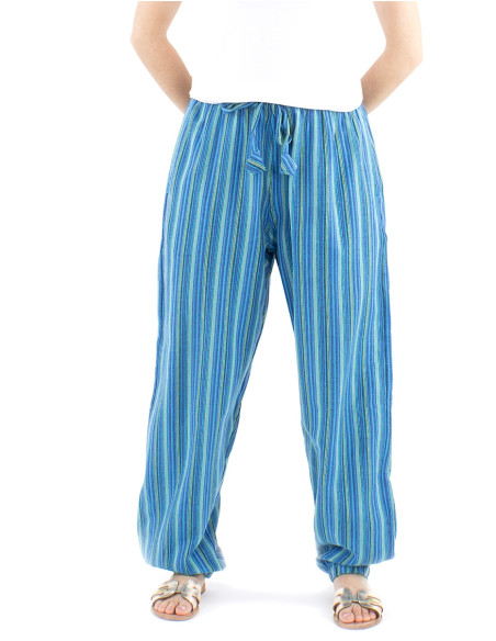 Mixed striped cotton trousers with 2 pockets elastic belt