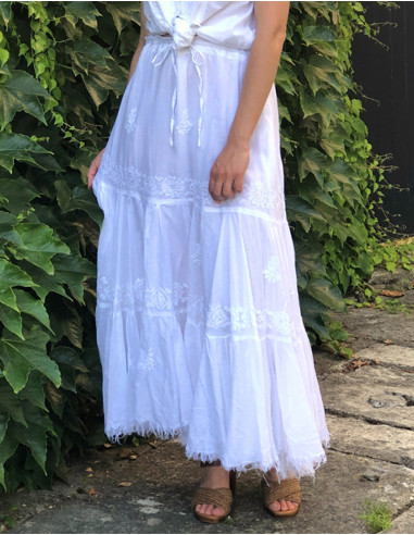 Jupe voile coton blanc doublée brodée main franges