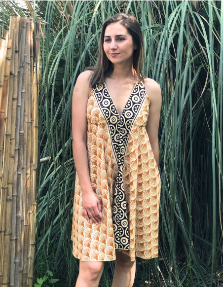 Robe mini coton block éventail dos nu