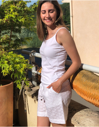 Short coton brodé uni ceinture élastique