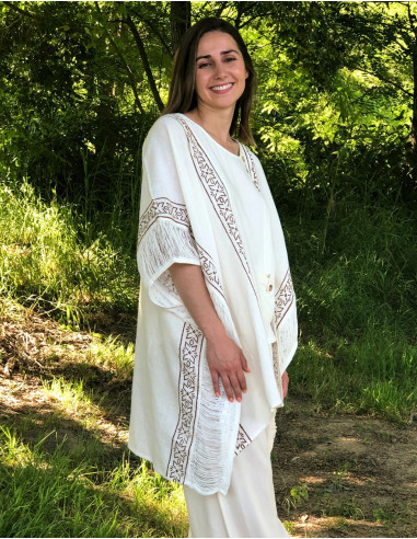 Veste poncho coton rustique tampons ajourée dos et manches