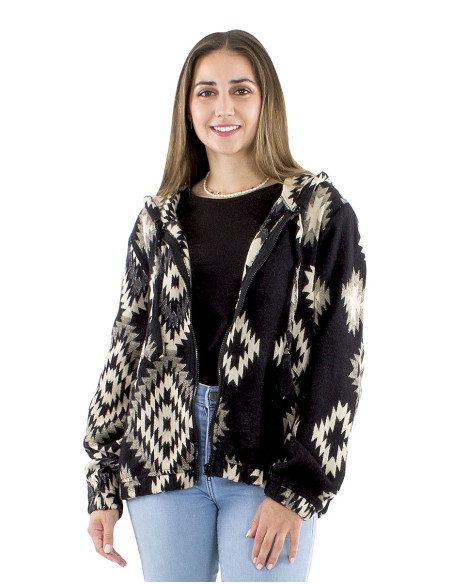 Acrylic shawl jacket with zip and geometric Jacquart