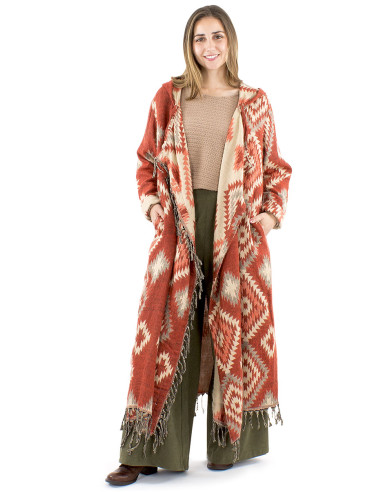 Manteau long acrylique capuche franges Jacquart géométrique