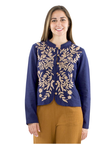 Cotton plain embroidered jacket with big flowers