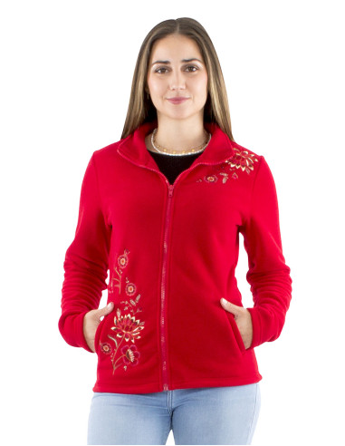 Veste maille polyester polaire à col broderies fleurs