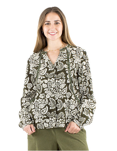 Chemisier 91% viscose 9% lin boutonné imprimé Antique