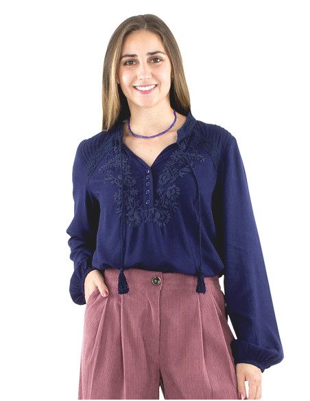 Chemisier viscose 5 boutons brodé main