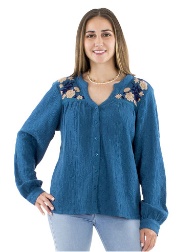 Chemisier coton uni gaze brodé main