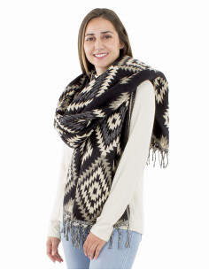 Acrylic fringed Jacquart geometric shawl