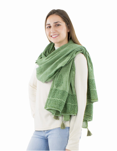 Châle coton épais pompons twill bordure tampons