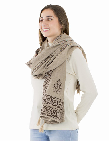 Châle coton épais pompons twill bordure tampons