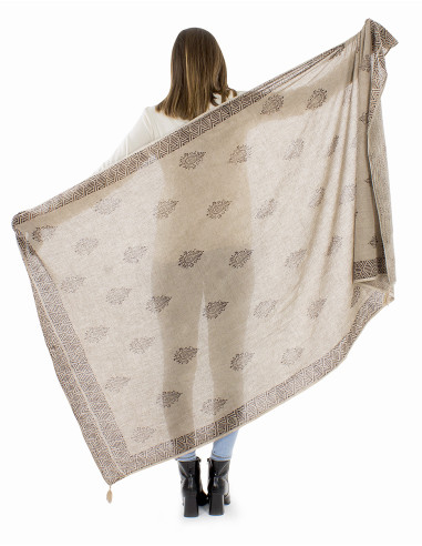 Châle coton épais pompons twill bordure tampons