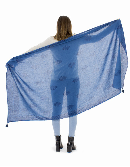 Châle coton épais pompons twill bordure tampons