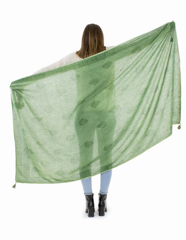 Châle coton épais pompons twill bordure tampons