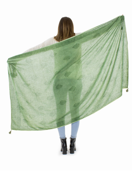 Châle coton épais pompons twill bordure tampons