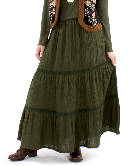 Jupe longue coton gaze brodée doublée à volants