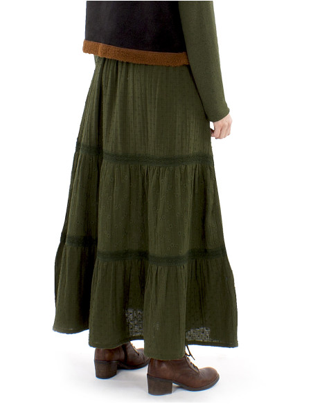 Jupe longue coton gaze brodée doublée à volants