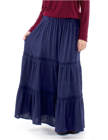 Jupe longue coton gaze brodée doublée à volants