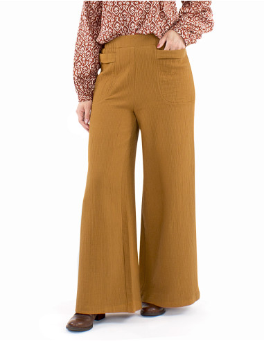 Pantalon coton uni poches 1/2 ceinture élastiquée
