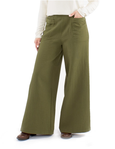 Pantalon coton uni poches 1/2 ceinture élastiquée