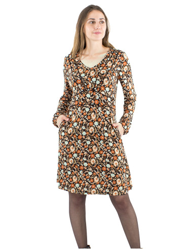 Knitted 95% polyester 5% elastane dress with v-neck and Jasmine print