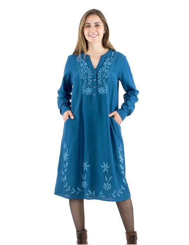 91% viscose 9% linen plain dress with 4 buttons and embroideries