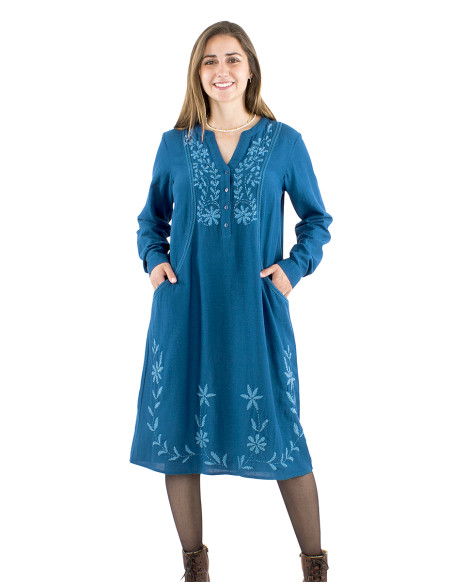 Robe 91% viscose 9% lin uni 4 boutons brodée main