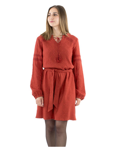 Gauze cotton plain dress with embroideries