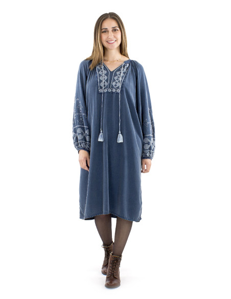 Viscose sw dress with pompoms and embroideries