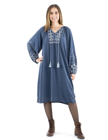 Viscose sw dress with pompoms and embroideries