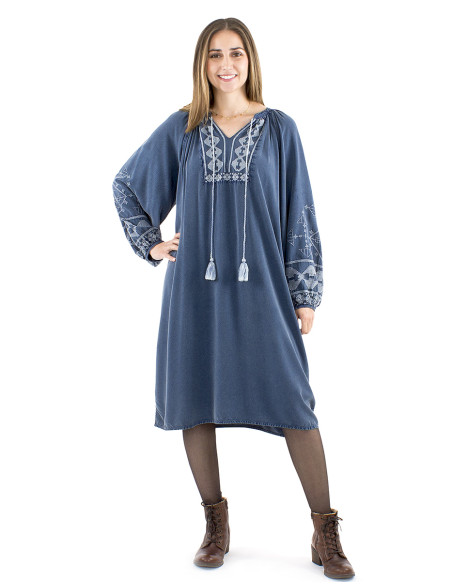 Viscose sw dress with pompoms and embroideries