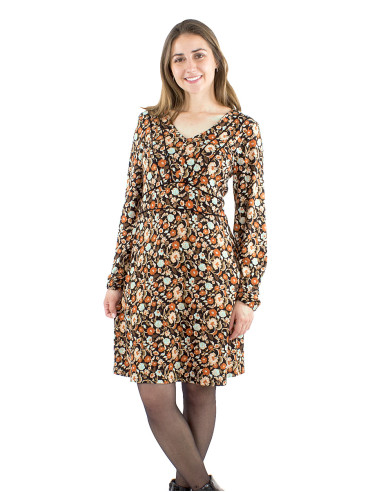 Knitted 95% polyester 5% elastane dress with v-neck and Jasmine print