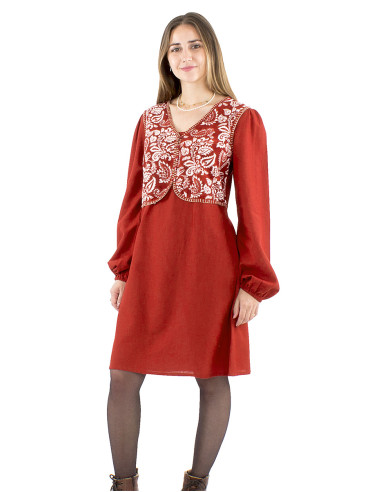 Robe 91% viscose 9% lin uni et bolero buste imprimé Antique